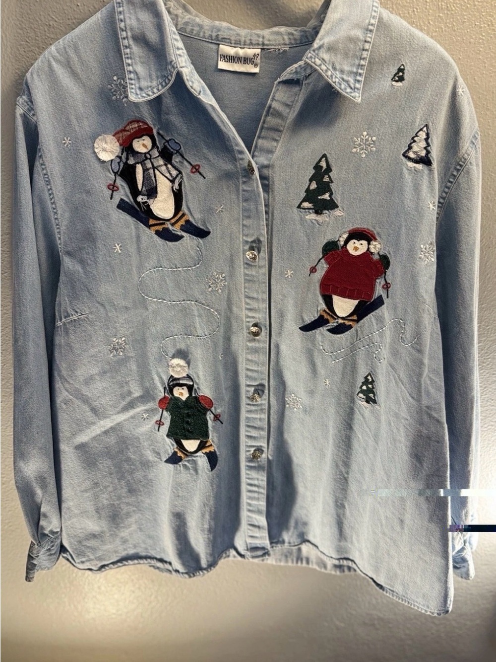 Vintage Fashion Bug Light Blue Denim Shirt with Embroidered Skiing Penguins